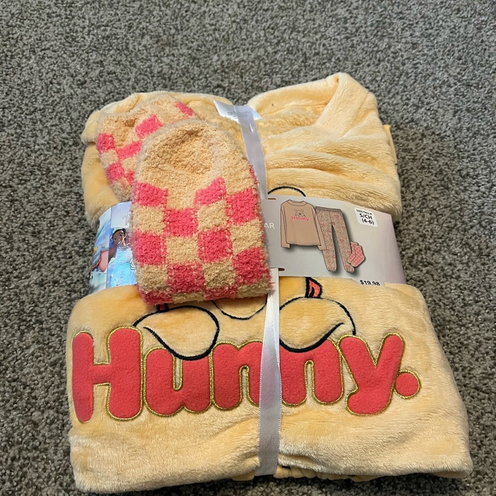 Yellow 'Hunny' Plush Pajama Set with Pink Checker Socks